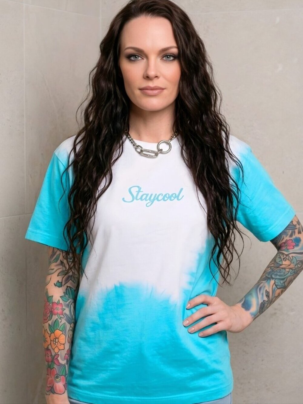 Staycoolnyc Dolls Kill Sky Dye Ombre Blue White Graphic Script Tee Shirt M NWT
